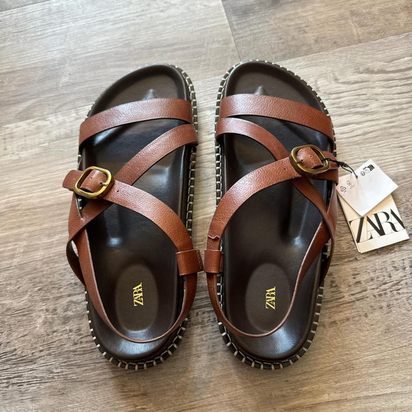 ZARA FLAT LEATHER SANDALS WITH CRISS-CROSS STRAPS - BRAND NEW WITH TAG- SIZE 8 o - Picture 3 of 8